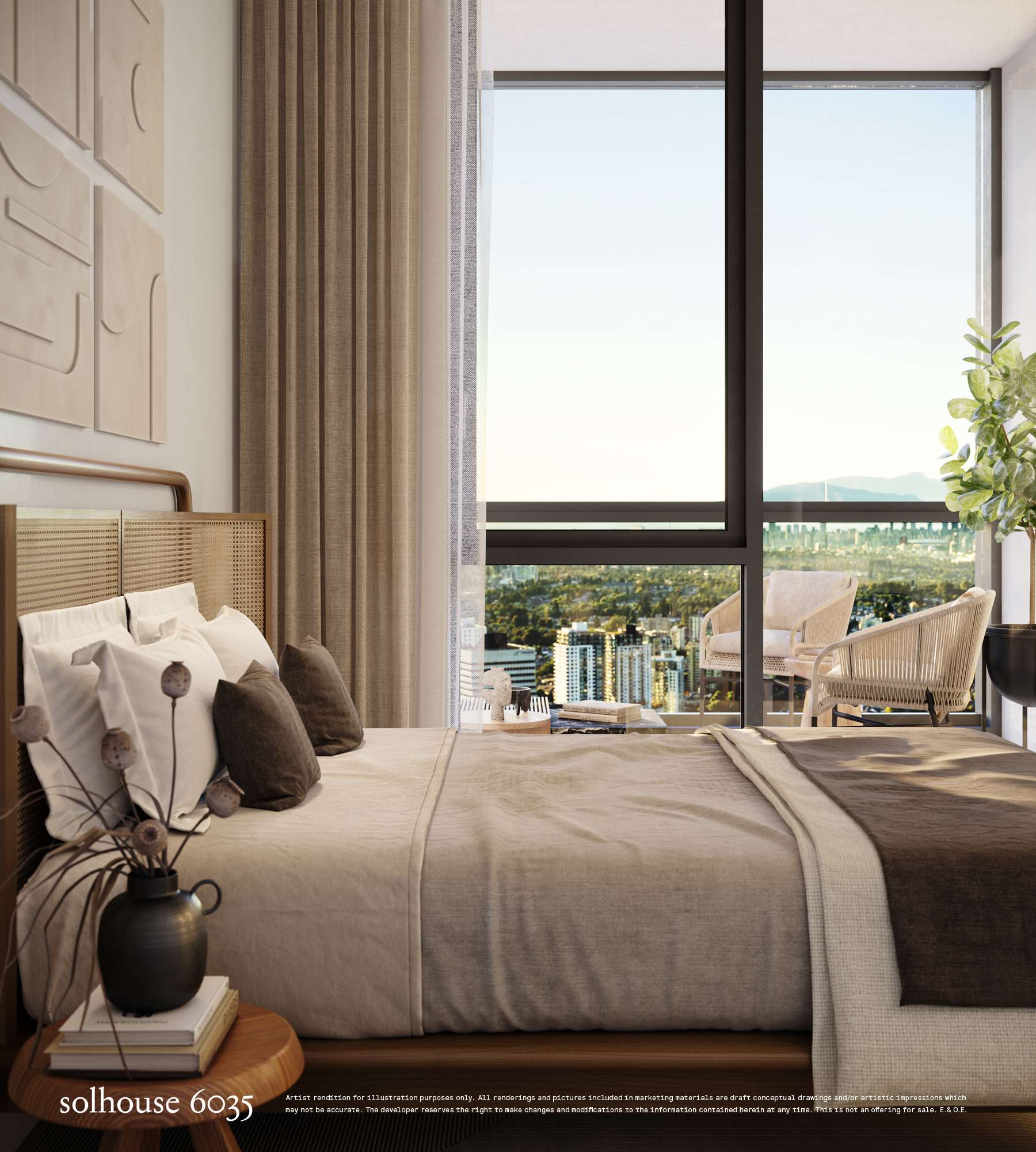 Solhouse 6035 – A modern, sunlit bedroom features a bed dressed in neutral-toned linens with a woven rattan headboard and abstract artwork above. Large floor-to-ceiling windows open onto a private balcony with seating, offering expansive views of a city skyline and distant mountains under a clear sky.