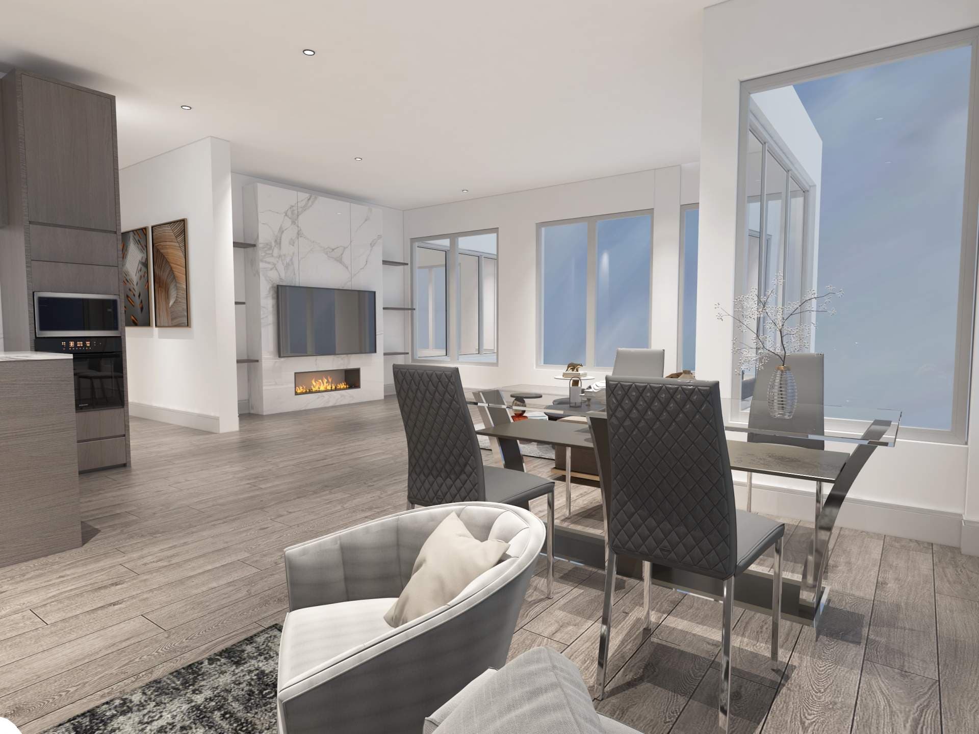 Pinnacle – Rendering of an open living and dining room with a marble fireplace wall, mounted TV, glass dining table with dark upholstered chairs, and floor-to-ceiling windows.