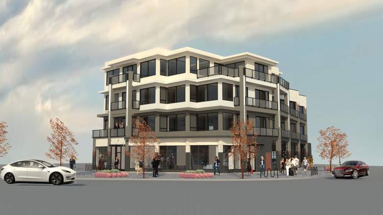 Pinnacle – Rendering of the same four-story building's street corner, showing ground-floor retail entrances, planters, and pedestrians on the sidewalk with parked cars.