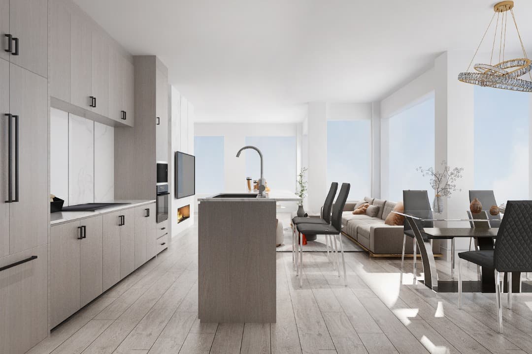 Pinnacle – Rendering of an open-concept kitchen with grey cabinetry and an island, leading into a living and dining area with a sofa, fireplace, and a crystal chandelier over the dining table.