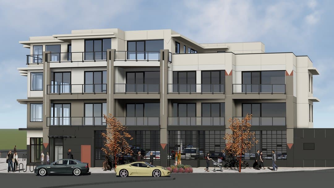 Pinnacle – Rendering of a four-story mixed-use building with glass balconies above ground-floor retail storefronts, with cars and pedestrians on the street below.
