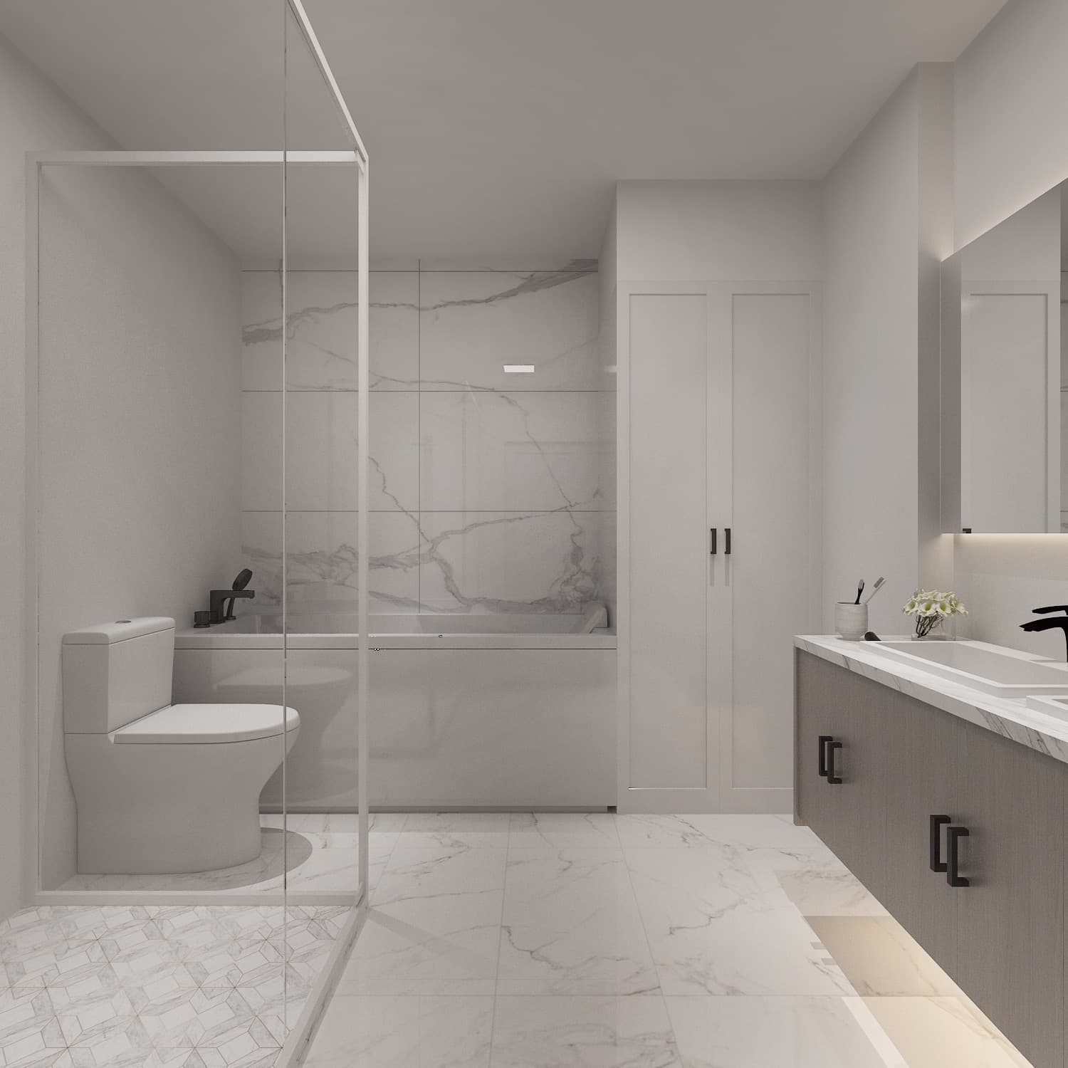 Pinnacle – Rendering of a white marble-tiled bathroom with a glass-enclosed tub/shower, toilet, tall linen cabinet, and a dark wood vanity with a marble countertop.