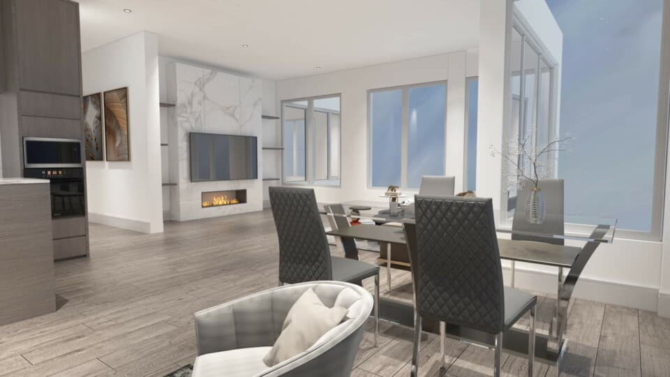 Pinnacle – Rendering of a living and dining area with a marble fireplace feature wall, mounted TV, and a glass dining table surrounded by quilted dark chairs.