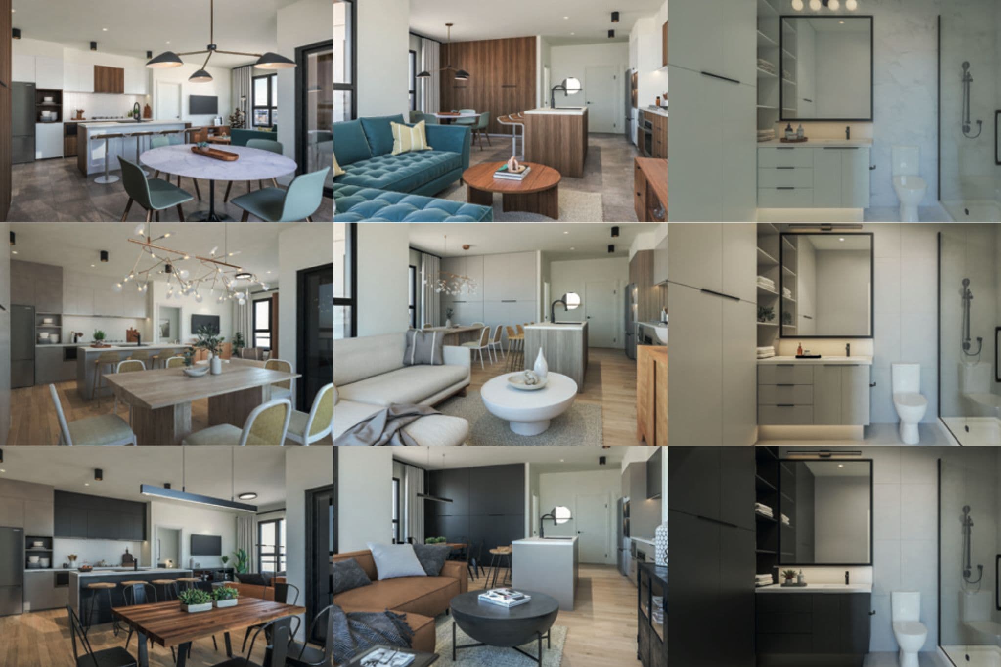 Aavand – Collage grid of nine interior renderings showing three different kitchen/living-room colour schemes and matching bathrooms; a finishes options comparison rather than a single photo.