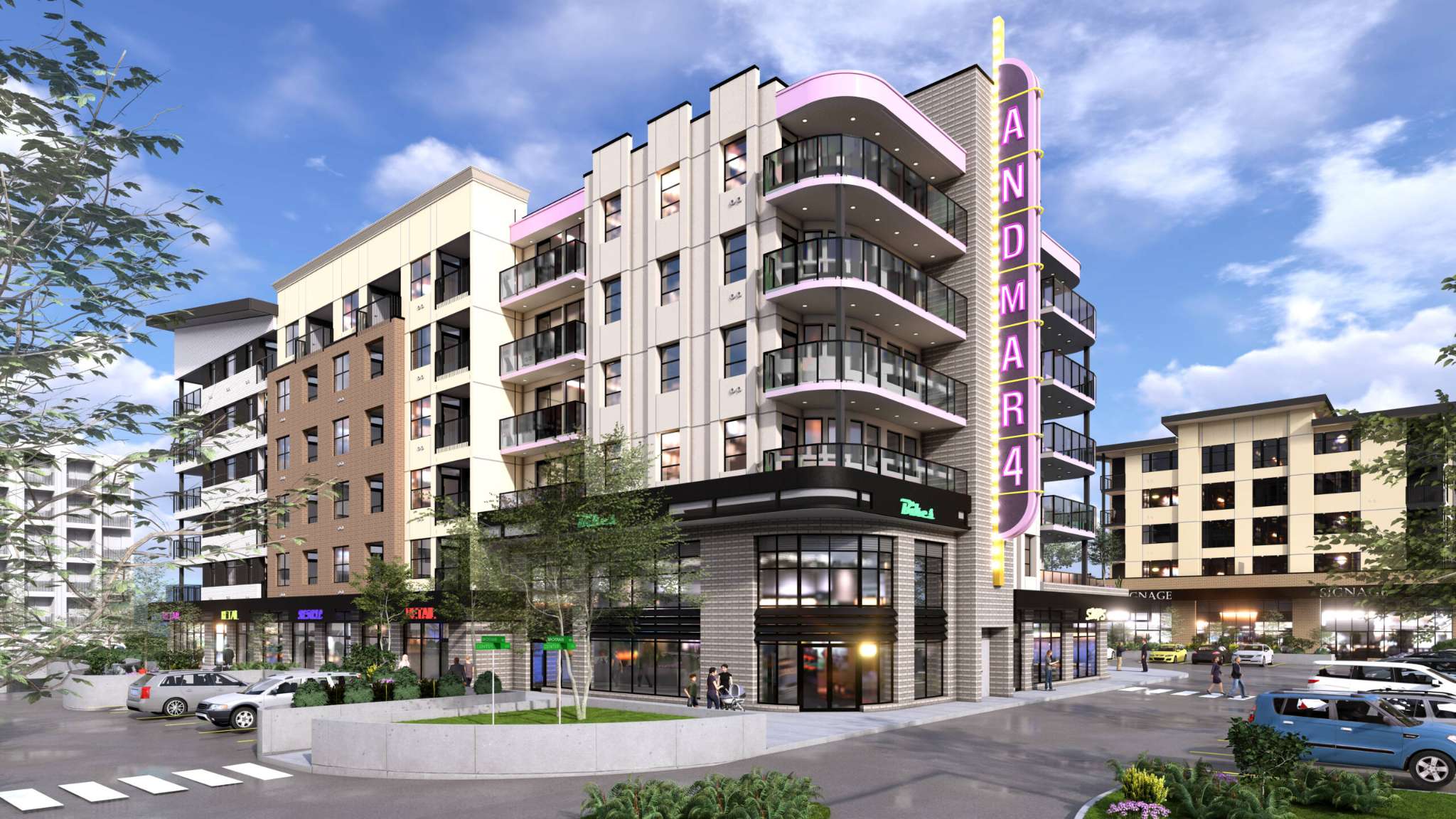 Andmar 3 – A street-level architectural rendering of a multi-story mixed-use building featuring curved corner balconies with pink accents and a vertical illuminated blade sign reading 'ANDMARA'. The ground floor includes glass-fronted retail spaces with paved walkways, parking spaces with cars, and landscaped greenery under a bright, partly cloudy sky.