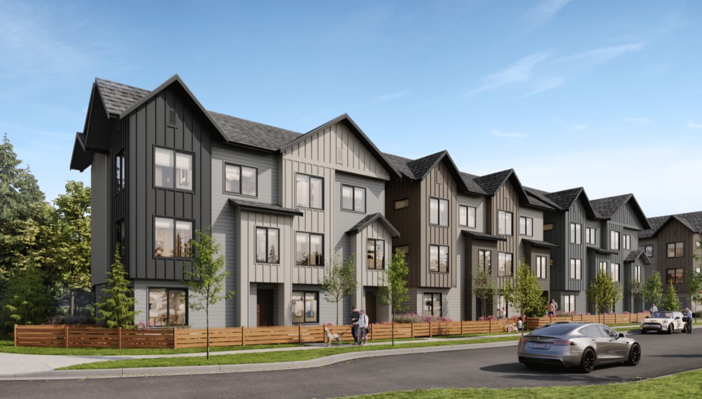 Saxon Park – Street-level rendering of a row of modern three-story townhomes with gray, taupe, and dark paneled siding.