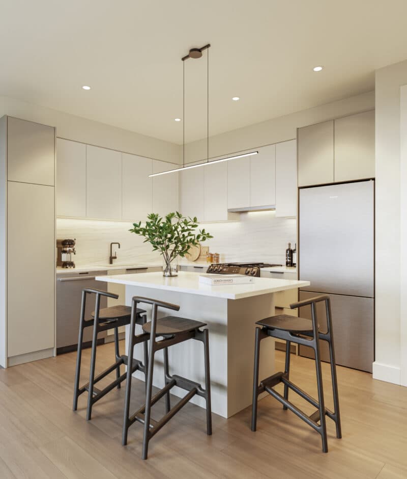 Scott + 77 – A modern, minimalist kitchen features a central white waterfall island paired with three dark wooden counter stools and illuminated by a sleek linear pendant light. Flat-panel off-white cabinetry, light wood-look flooring, integrated stainless steel appliances, and under-cabinet lighting create a bright, contemporary aesthetic.