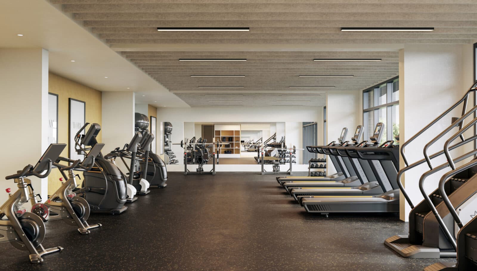 Scott + 77 – A modern residential gym features dark rubber flooring, acoustic slatted ceiling panels, and floor-to-ceiling windows letting in natural light. Rows of commercial-grade fitness equipment include stationary bikes, elliptical trainers, treadmills, stair climbers, and a rack of dumbbells set against a large mirrored back wall.