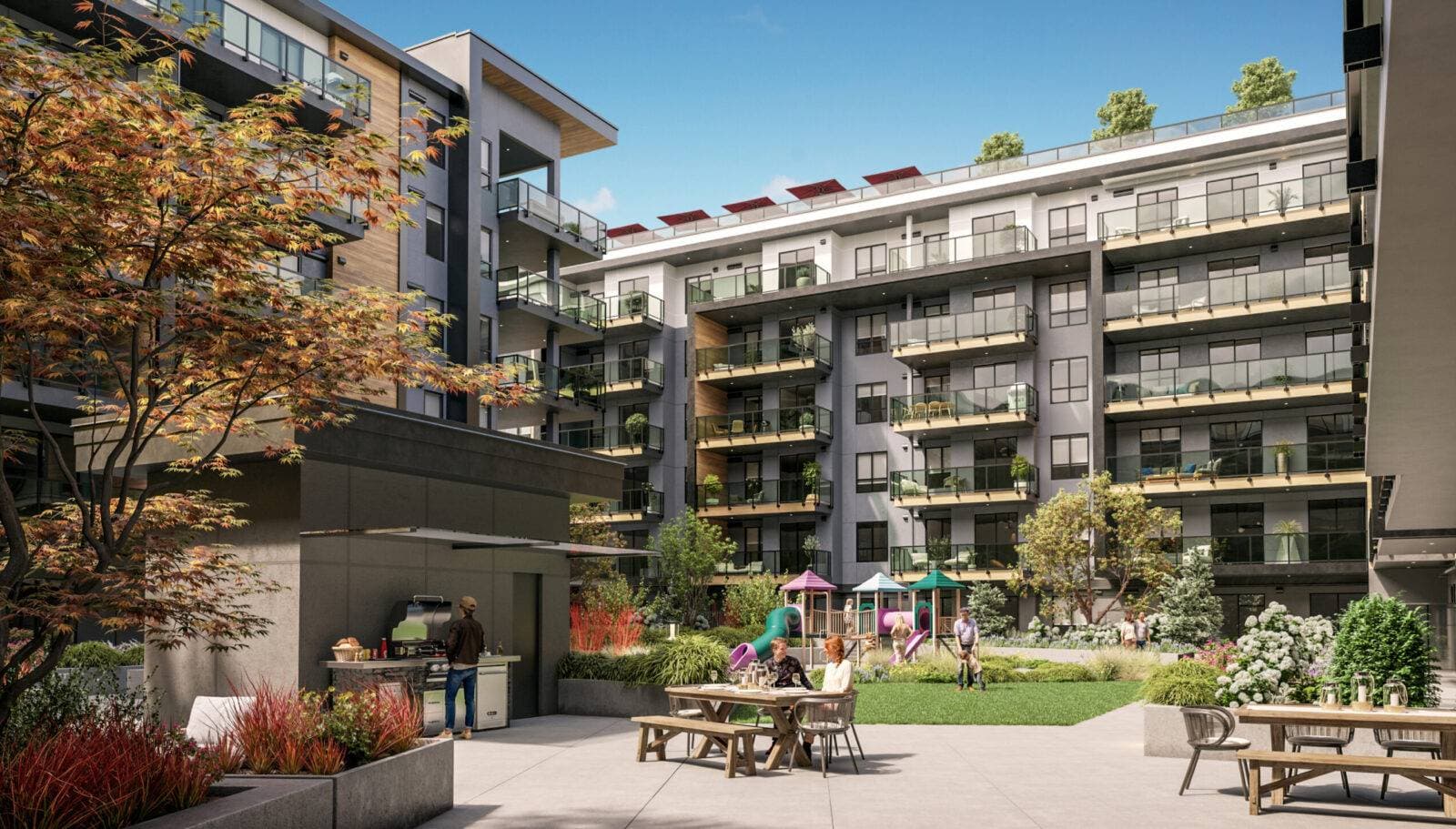 Scott + 77 – A courtyard amenity space surrounded by a multi-story residential building featuring balconies with glass handrails and wood accents. The outdoor area includes a BBQ kitchen station, patio dining tables with seating, a children's play structure, and lush landscaped gardens under bright daytime sunlight.