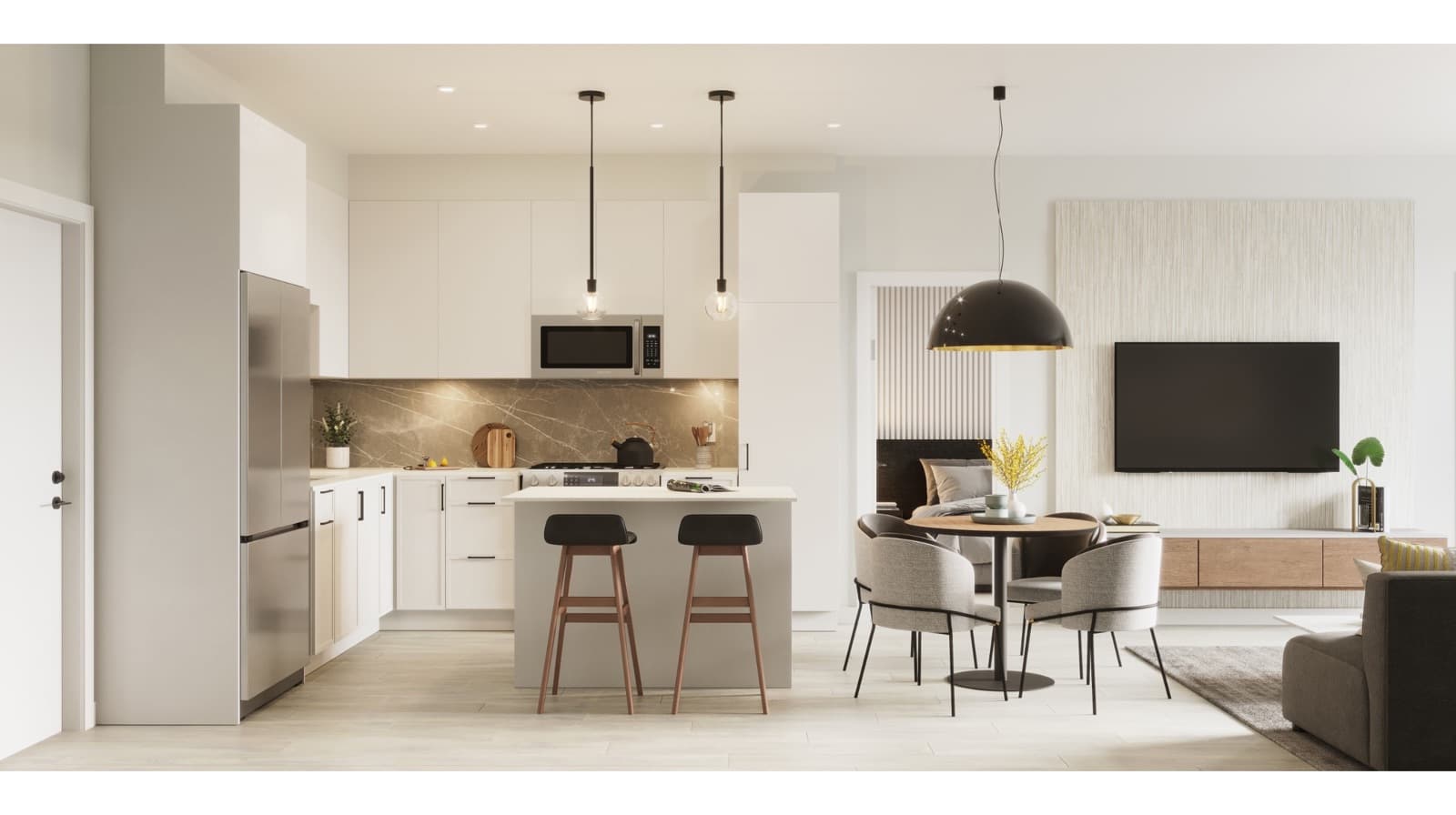 KING + CRESCENT – Rendering of an open-concept kitchen with white cabinetry, stone backsplash, an island with black bar stools, and an adjoining dining and living area with a wall-mounted TV.