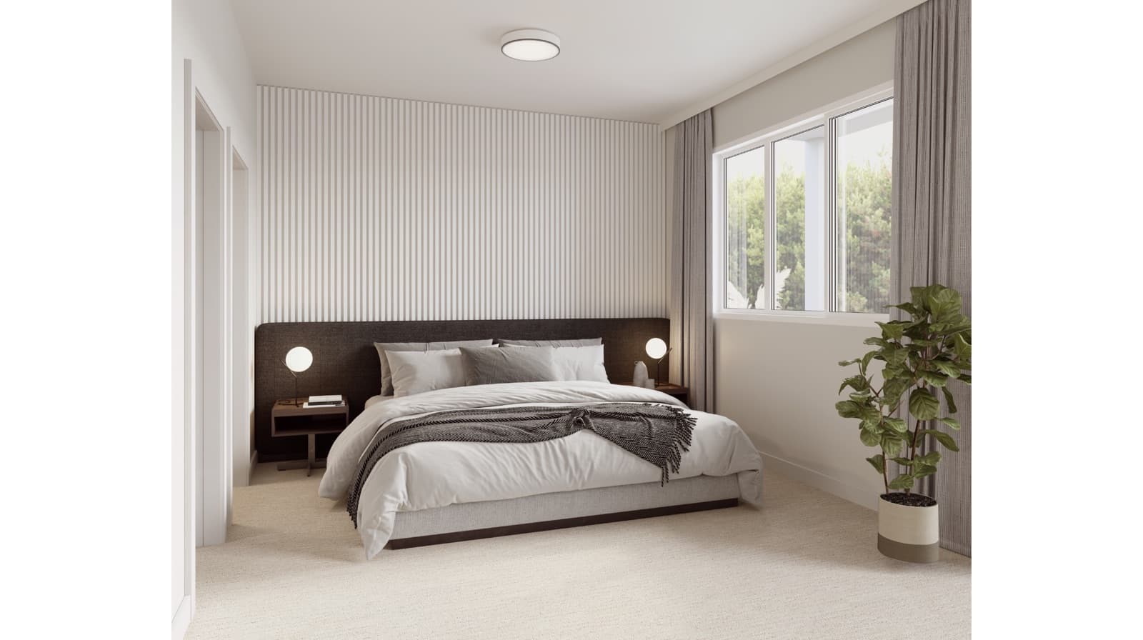 KING + CRESCENT – Rendering of a primary bedroom with a dark upholstered bed, striped accent wall, nightstands with round lamps, and a large window.