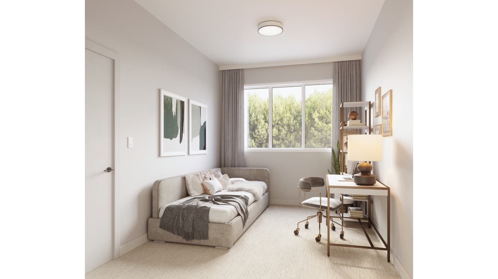 KING + CRESCENT – Rendering of a small bedroom/office with a daybed, abstract wall art, and a desk with chair by the window.