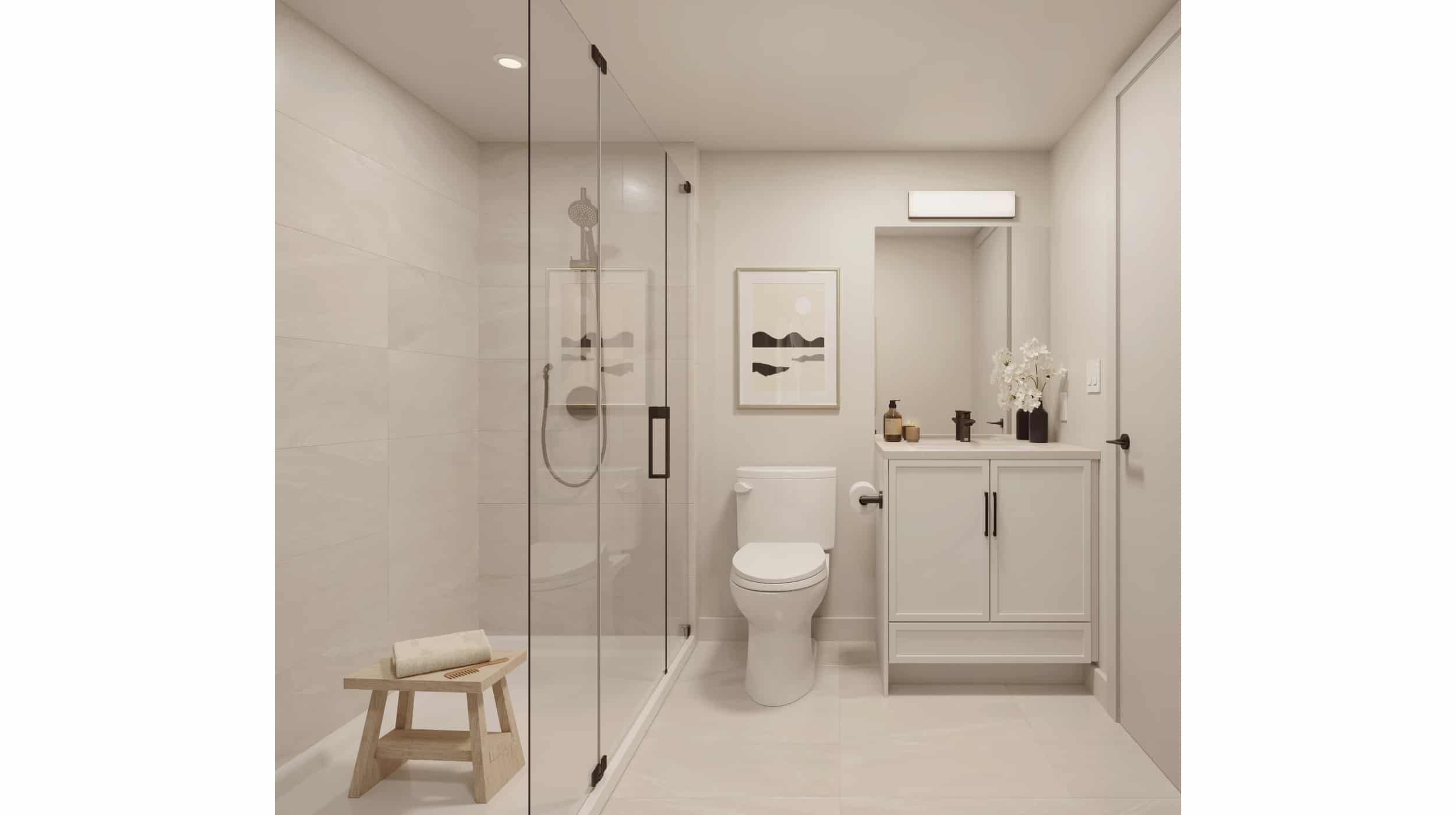 KING + CRESCENT – Rendering of a bathroom with a glass-enclosed walk-in shower, toilet, single vanity, and landscape-style framed art.