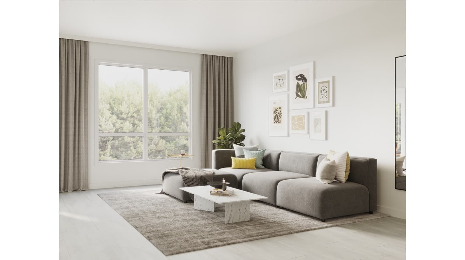 KING + CRESCENT – Rendering of a living room with a gray modular sofa, marble coffee table, and a gallery wall of framed art prints.