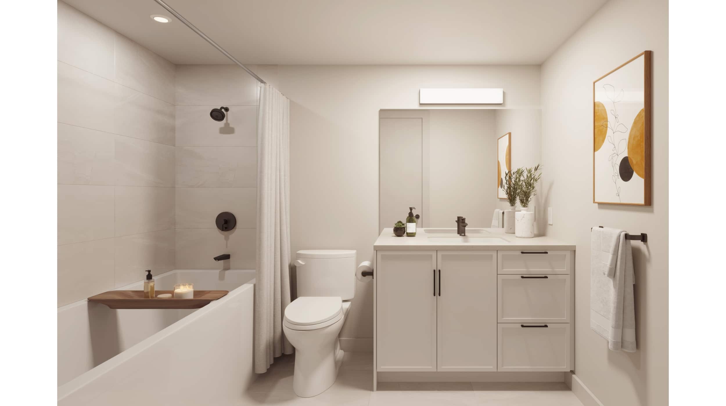 KING + CRESCENT – Rendering of a bathroom with a tub/shower combo, single vanity, mirror, and framed abstract art.