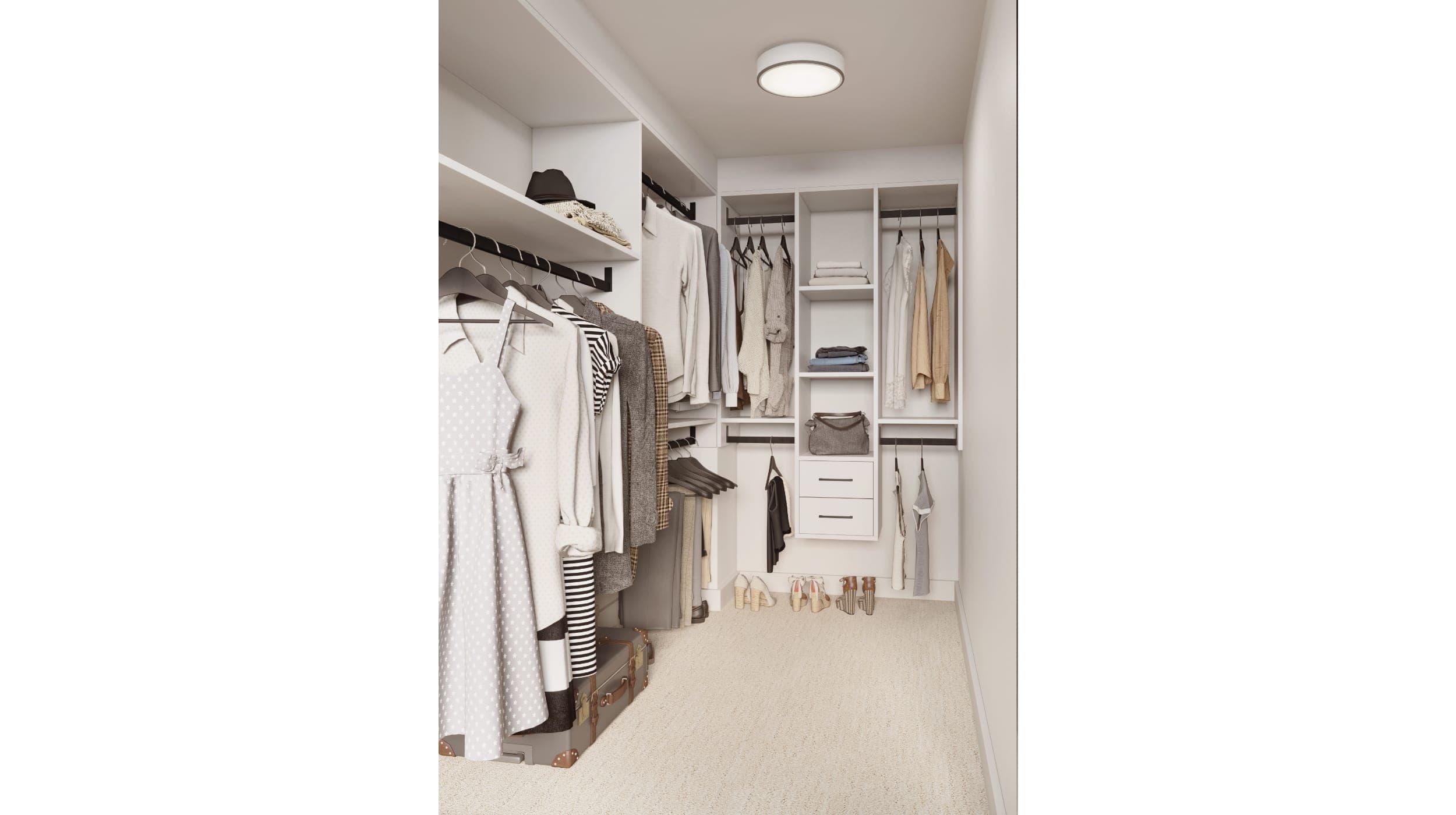 KING + CRESCENT – Rendering of a walk-in closet with open shelving, hanging rods full of clothes, a small dresser, and shoes on the floor.