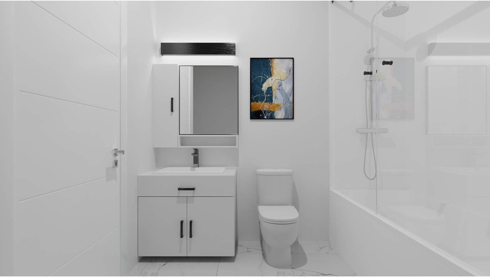 Douglas Green Living Condos – Unfinished white-box rendering of a bathroom with vanity, toilet, and glass shower/tub combo.