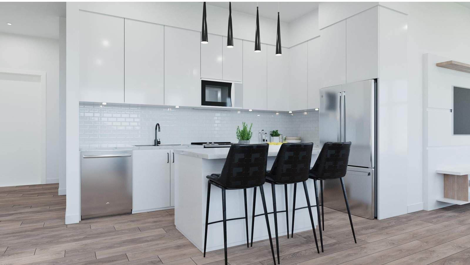 Douglas Green Living Condos – Kitchen with white glossy cabinets, tile backsplash, pendant lights, and an island with stools.