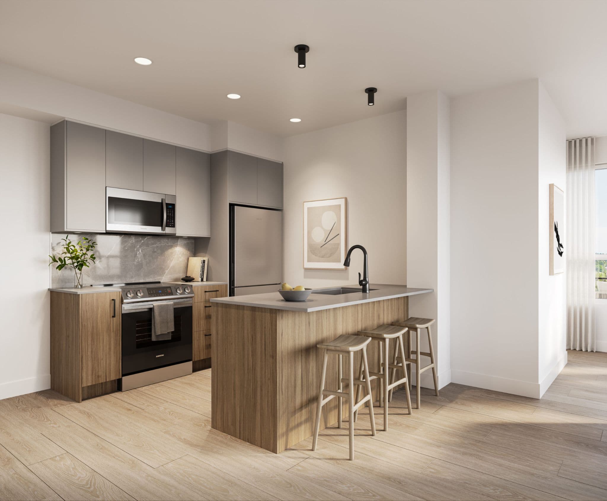 City Corners II – Kitchen with gray upper cabinets, a wood-toned island with three bar stools, and stainless steel appliances.