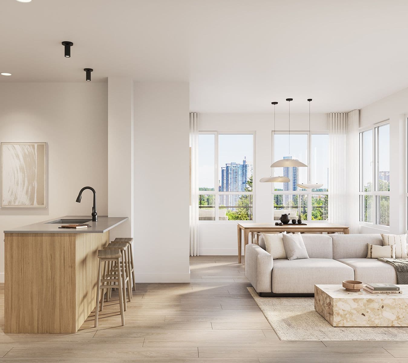 City Corners II – Open-concept kitchen island and living/dining room with large windows overlooking city high-rises.