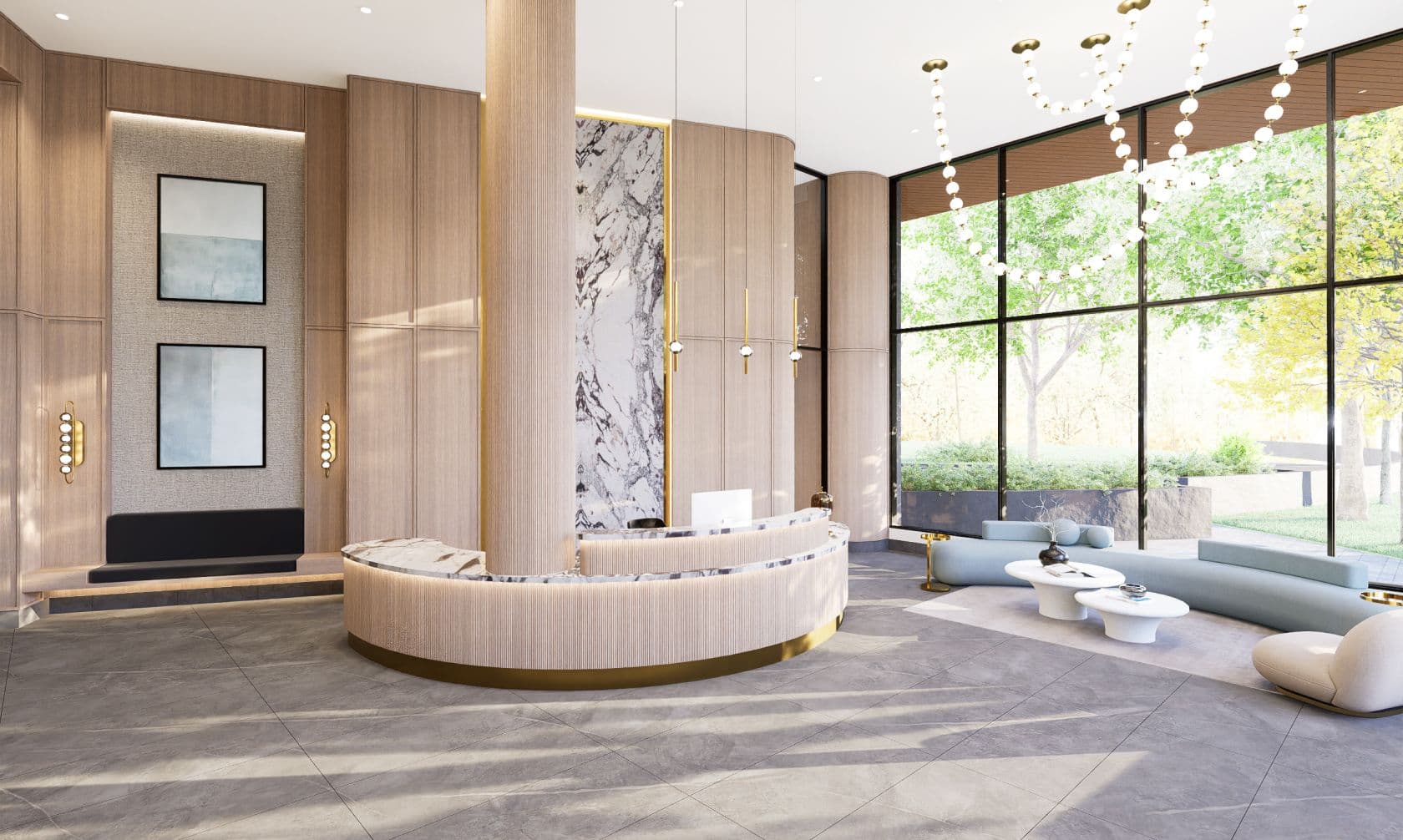 Exeter Hall – A bright and luxurious building lobby featuring a curved, fluted wood reception desk with marble countertops and a matching fluted column. Floor-to-ceiling windows look out onto lush green landscaping, filling the high-ceilinged space with natural light that illuminates tiled floors, light wood wall paneling, and an adjacent seating lounge.