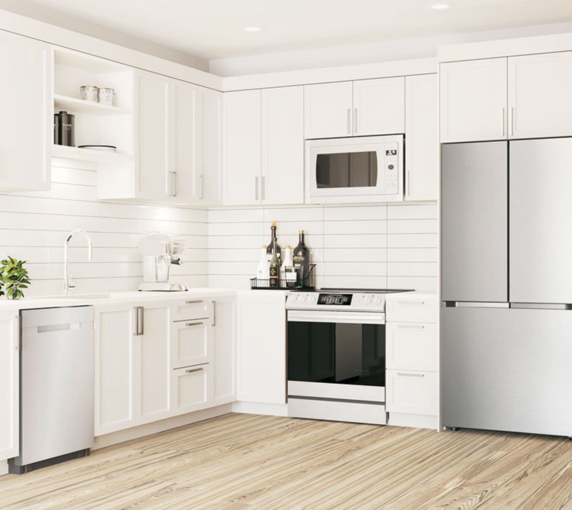The North – White kitchen with stainless steel French-door refrigerator, built-in microwave, gas range, and a dishwasher, with light wood flooring.