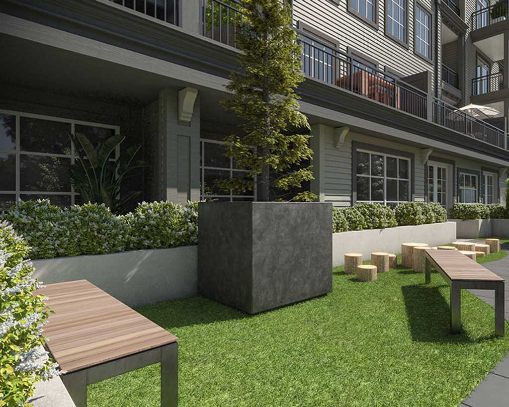 The North – Outdoor courtyard seating area between building wings with wood benches, tree stump seats, planters, and landscaping.