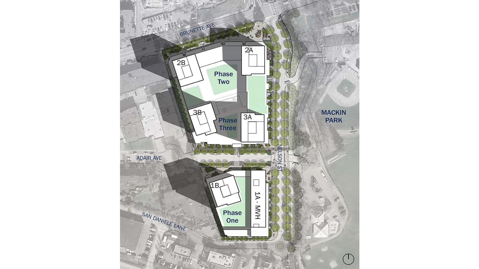 Mackin Parkside – An overhead site plan/masterplan graphic showing the development's building phases (One, Two, Three) laid out around streets and Mackin Park.