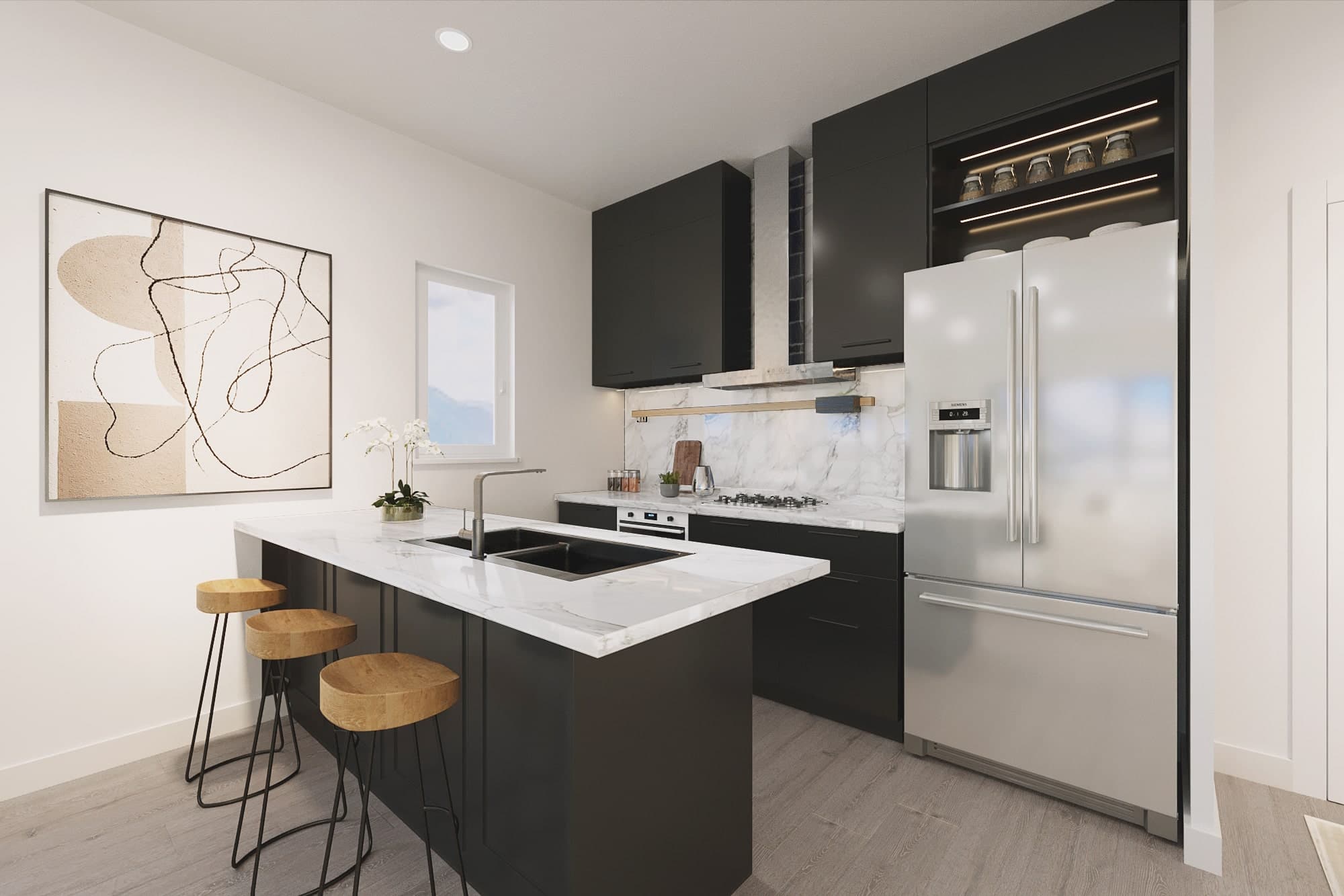 La Riviere – A dark-cabinet kitchen with a marble backsplash, gas cooktop, built-in oven, stainless fridge, and a marble-top island with wooden bar stools.