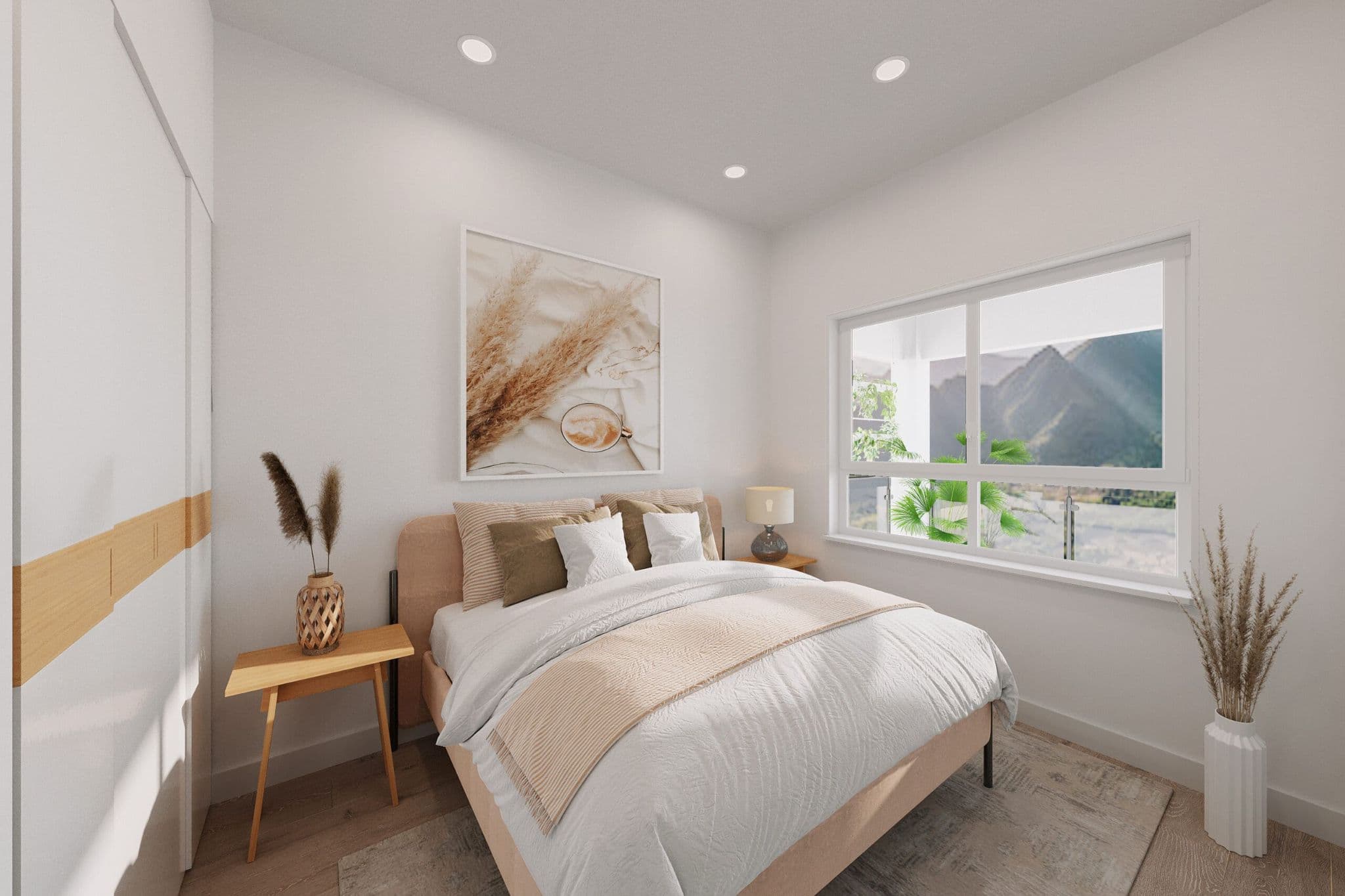 La Riviere – A small bedroom with a pink upholstered bed, wardrobe, nightstands, and a window looking out to mountains.