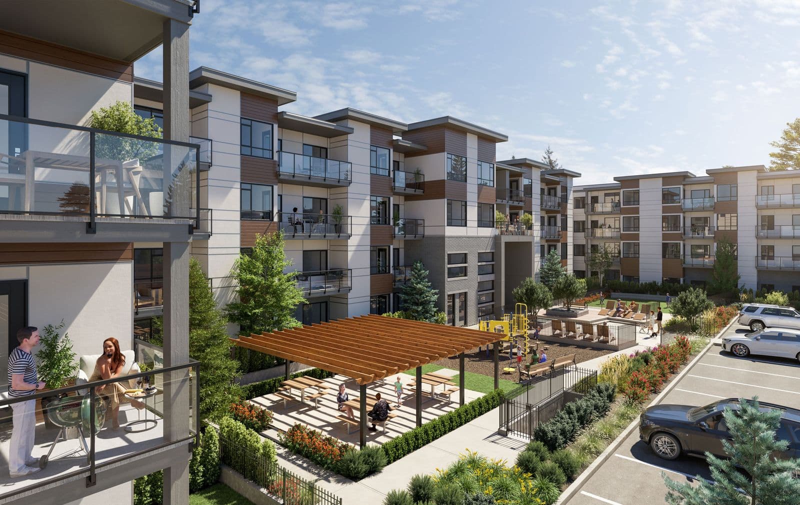 Sigmund – Rendering of a landscaped courtyard between residential buildings with a children's playground, a wood pergola with picnic tables, and a seating area.
