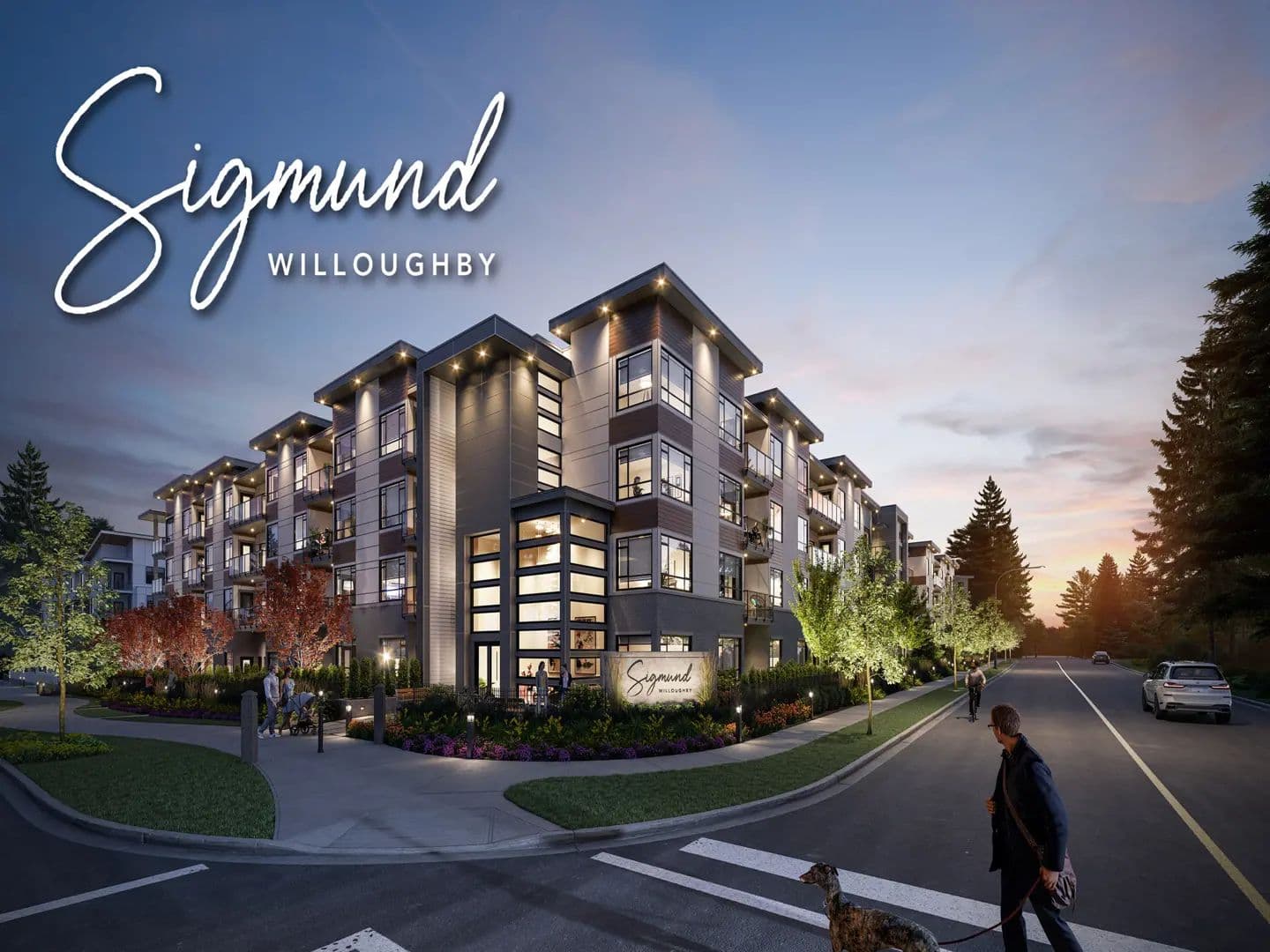 Sigmund – Rendering of the Sigmund Willoughby building at dusk with its illuminated sign, landscaped entrance, and pedestrians walking a dog past the building.