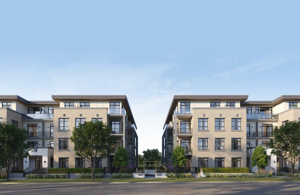 Slate & Ash – Daytime street view of a courtyard between two beige brick residential wings with balconies and landscaping.