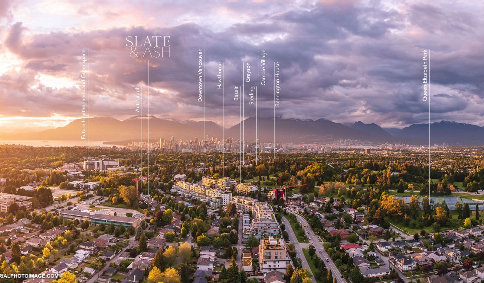 Slate & Ash – Aerial sunset photo of the surrounding neighborhood with labels marking the development and nearby landmarks such as downtown Vancouver and Queen Elizabeth Park.