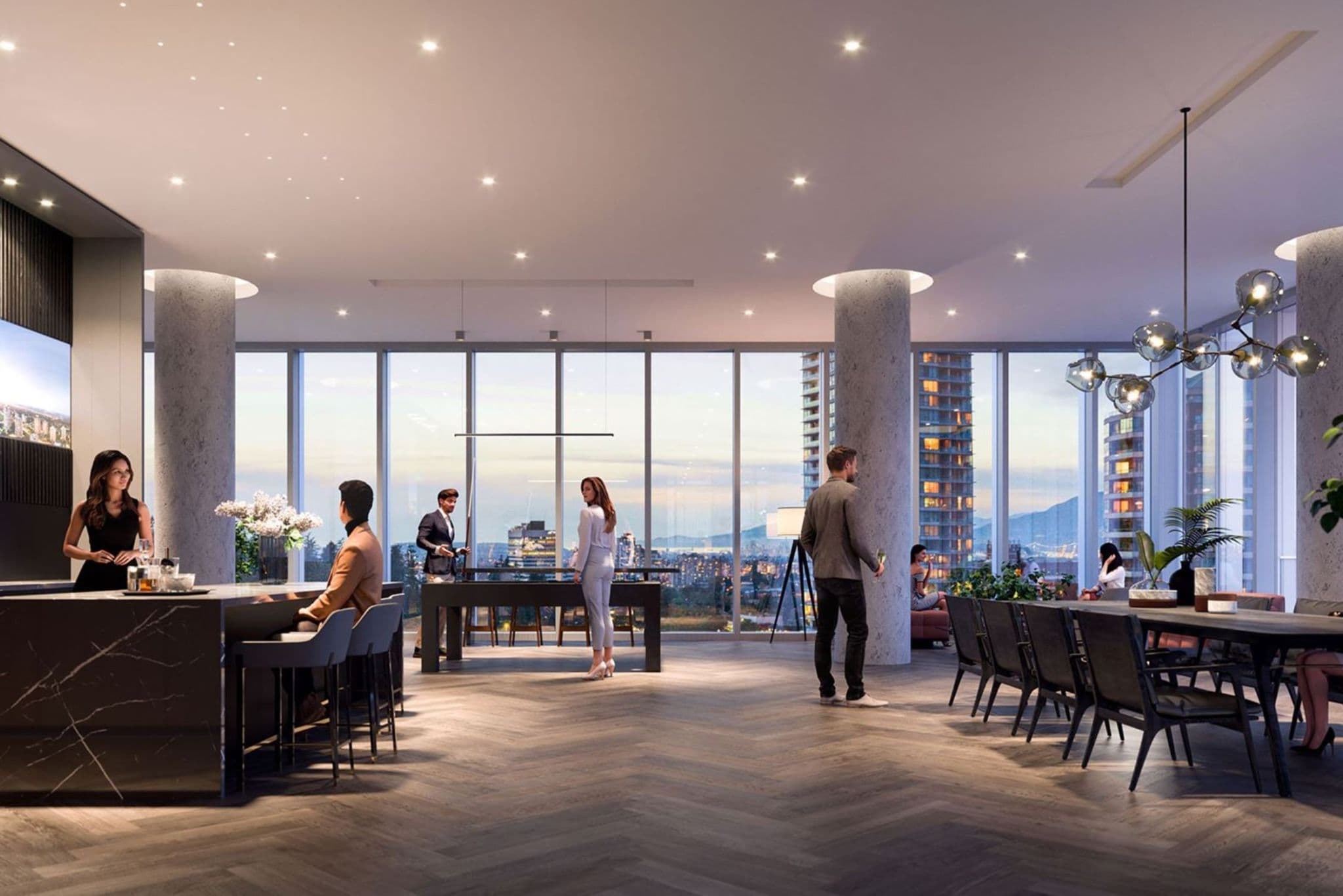 Central Park House – A spacious high-rise residents' lounge features herringbone wood floors, a wet bar with a marble counter, a billiards table, and a long dining setup with sophisticated modern lighting. Floor-to-ceiling windows frame a dusk view of distant mountains and city lights, while several well-dressed people socialize throughout the upscale space.