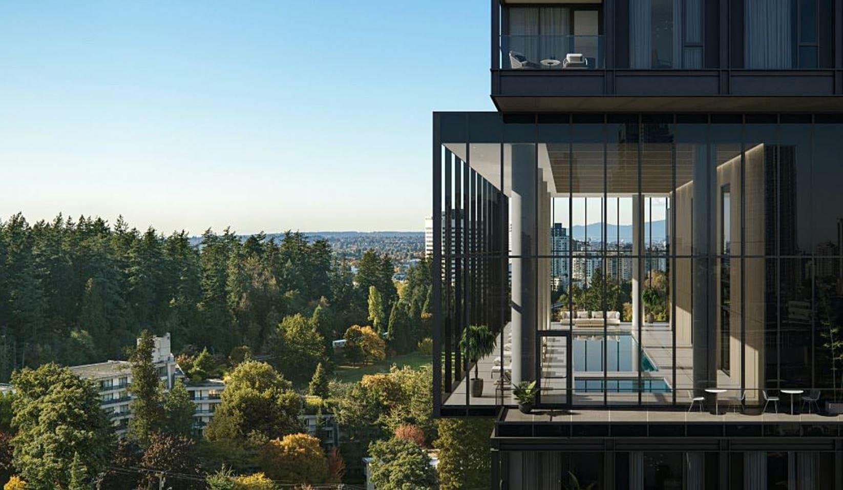 Central Park House – A modern high-rise tower features a dramatic cantilevered, glass-enclosed indoor swimming pool amenity mid-building. The structure overlooks an expansive, lush green forest canopy and distant city skyline under a clear blue sky.