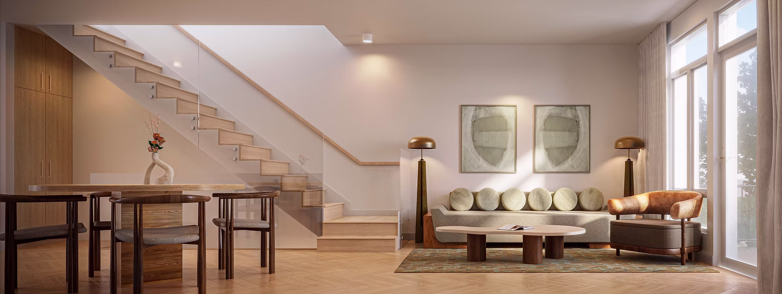 ENZO – Living room with a wood staircase, dining table, and a light sectional sofa near floor-to-ceiling windows.