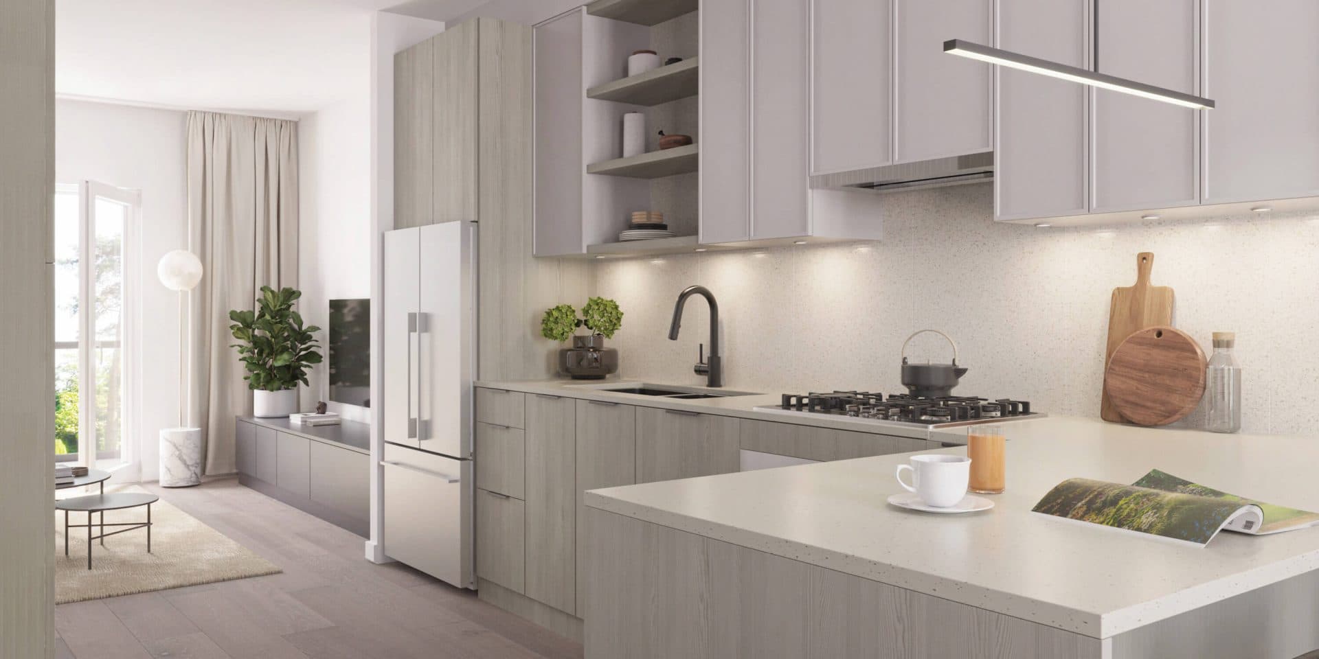 Dwell – Wide kitchen rendering with light gray cabinetry and a view through to a living room with plants and a balcony, wood flooring throughout.