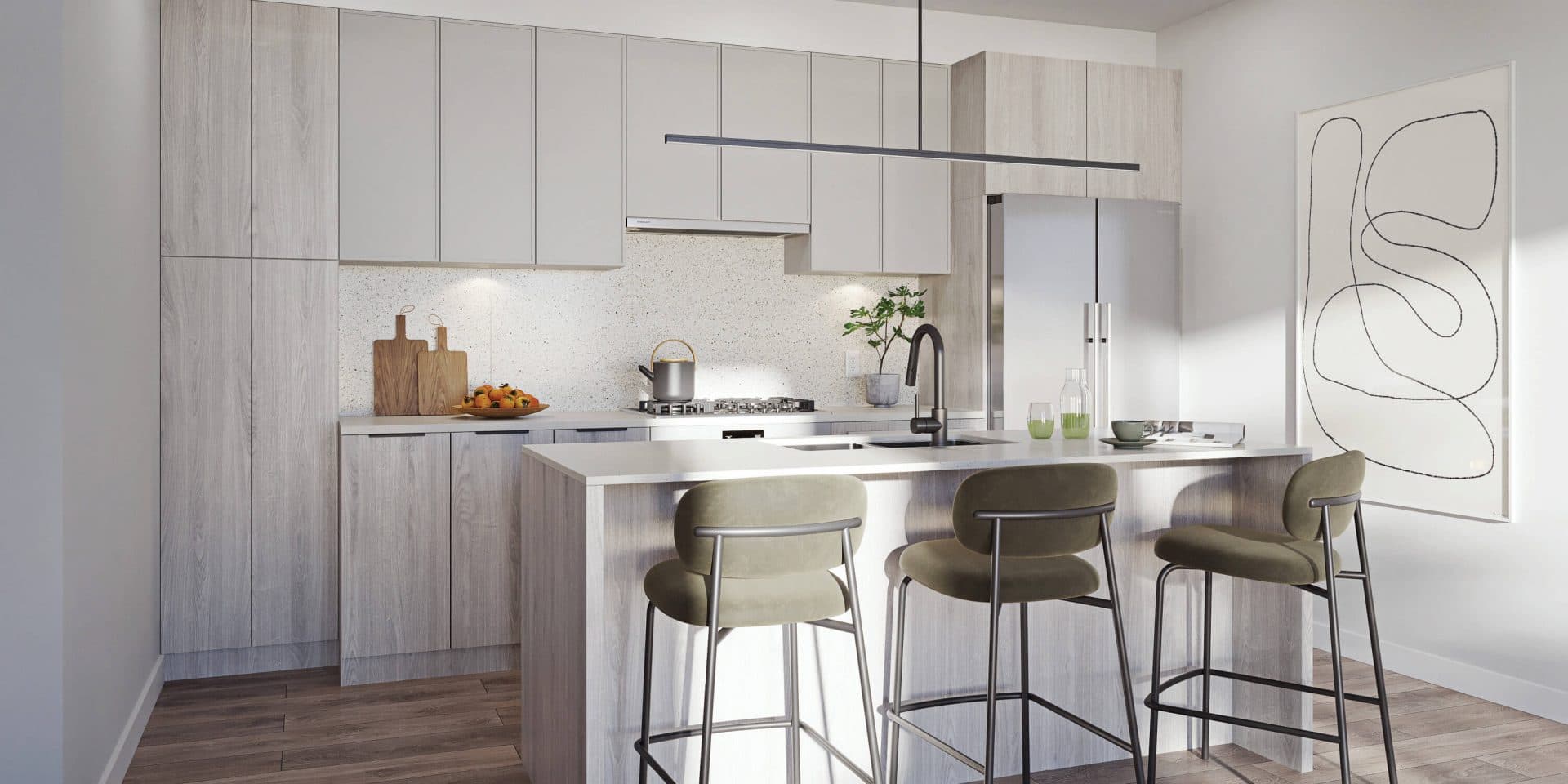Dwell – Kitchen rendering with light gray wood-grain cabinetry, an island with green bar stools, terrazzo backsplash, and a black linear pendant light.