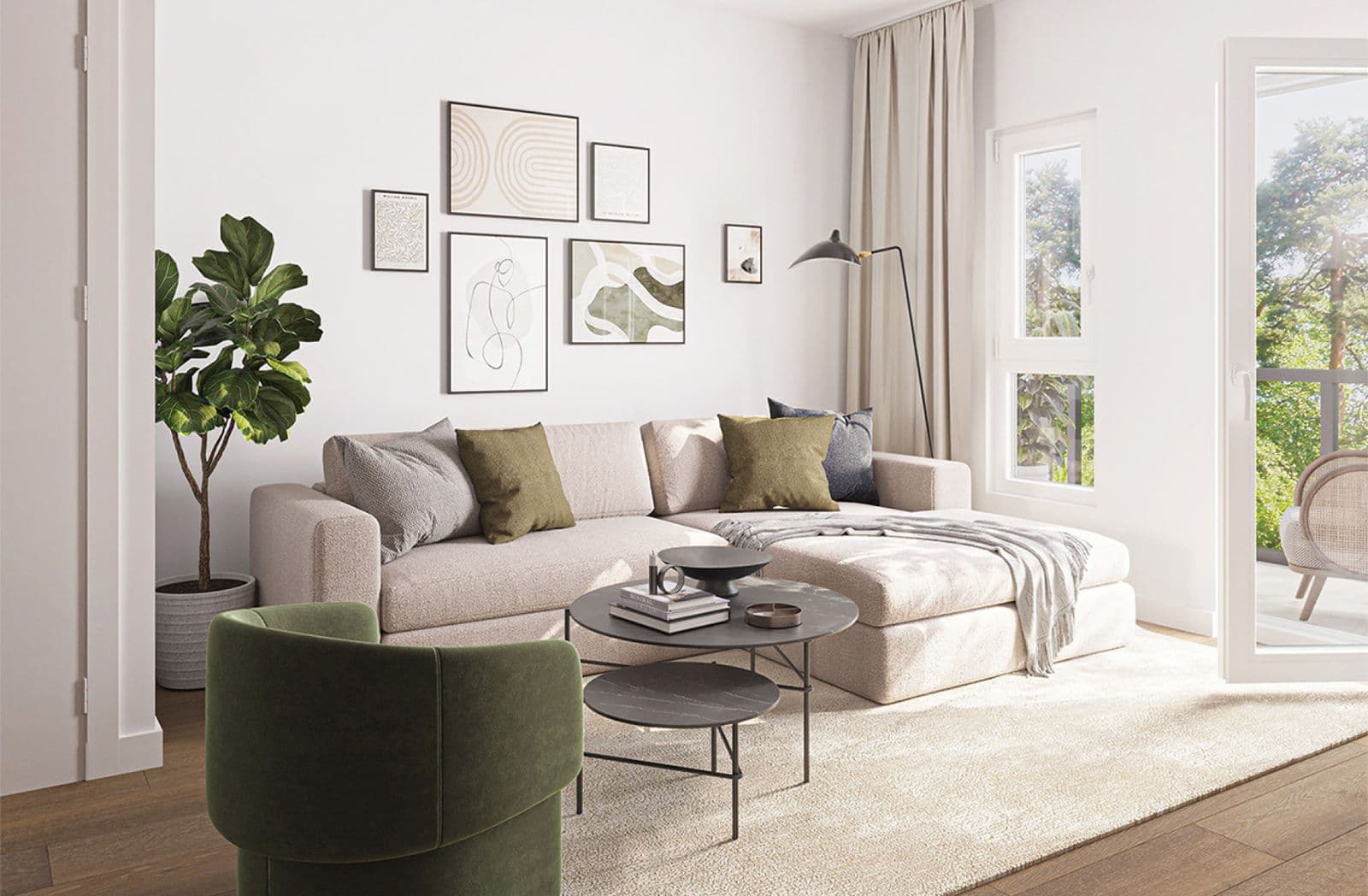 Dwell – Living room rendering with a beige sectional sofa, green accent chair, gallery wall of framed art, and a floor lamp near a balcony door.