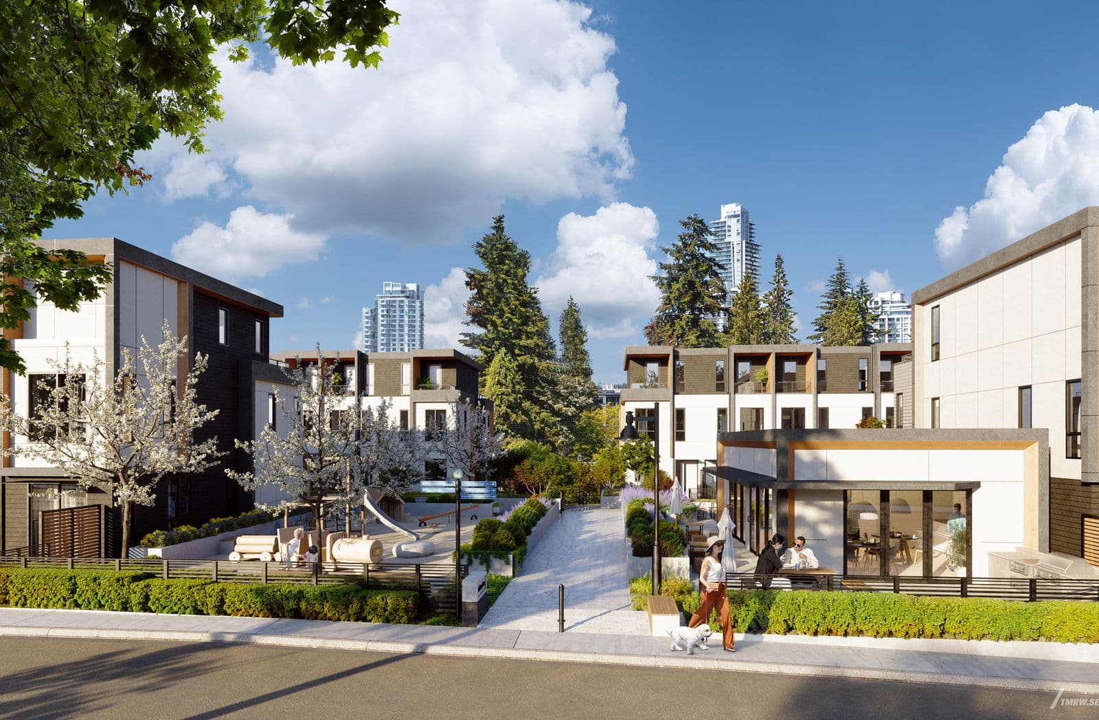 Dwell – Rendering of a landscaped courtyard walkway between townhome buildings, with a children's playground, patio seating, and a person walking a dog.