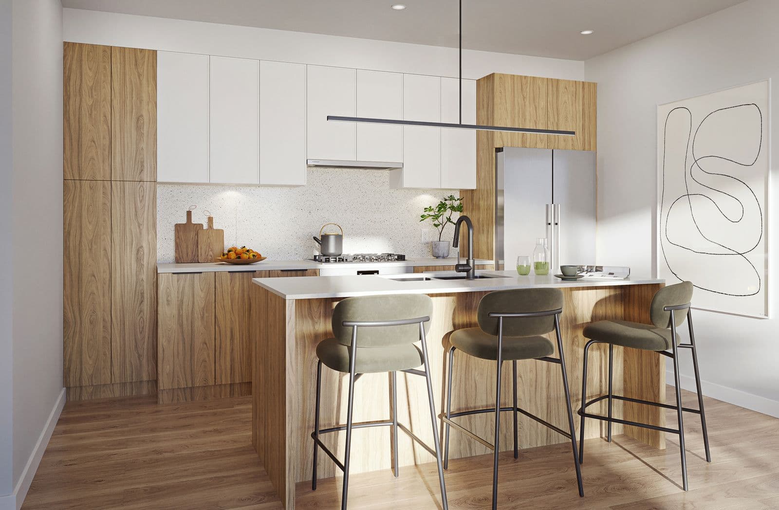 Dwell – Kitchen rendering with warm wood cabinetry, white countertops, terrazzo backsplash, and wood flooring, viewed from an angled corner.