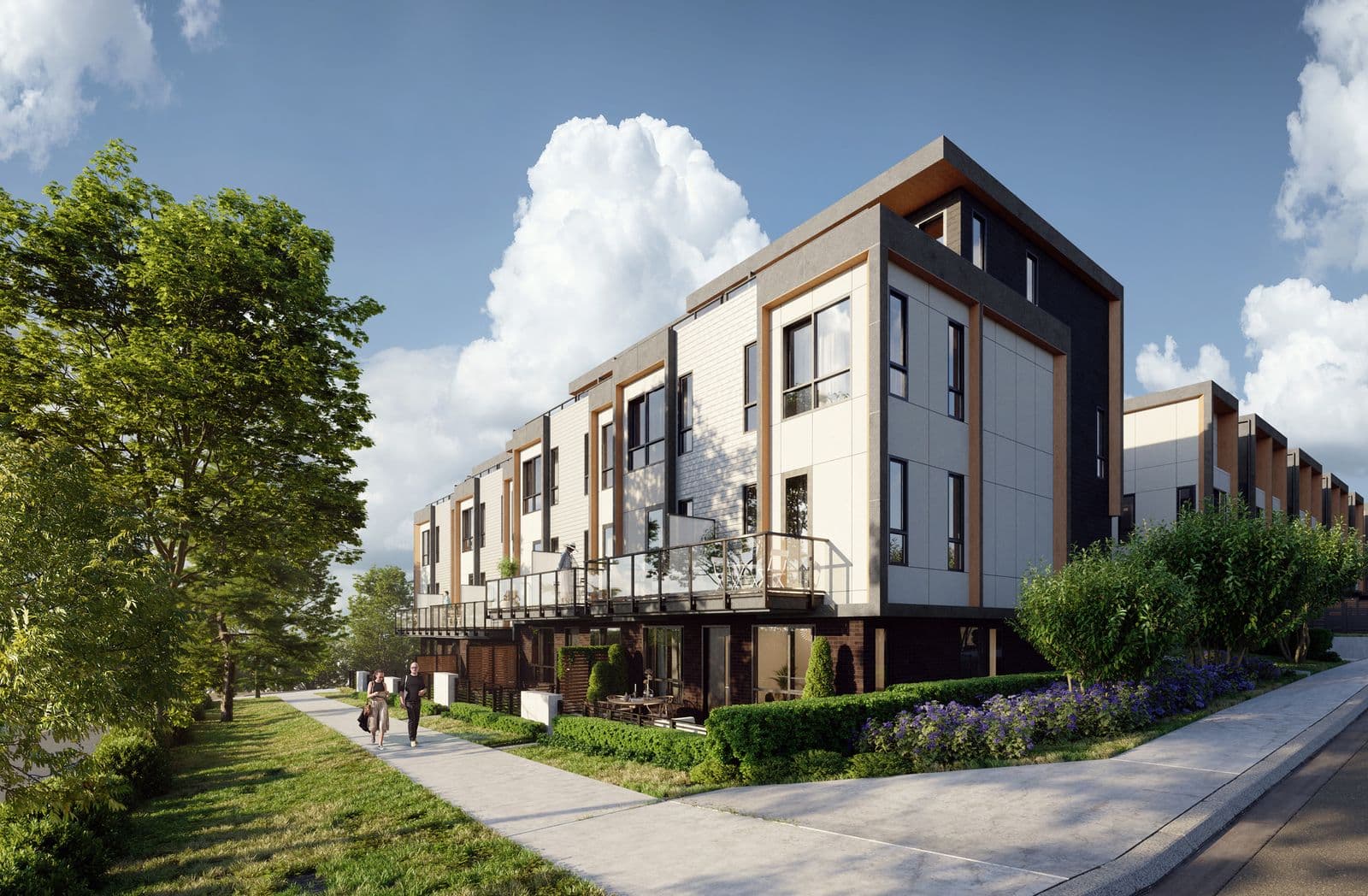 Dwell – Street-level rendering of the townhome building facade with wood and dark cladding, balconies, and two people walking on the sidewalk in front.