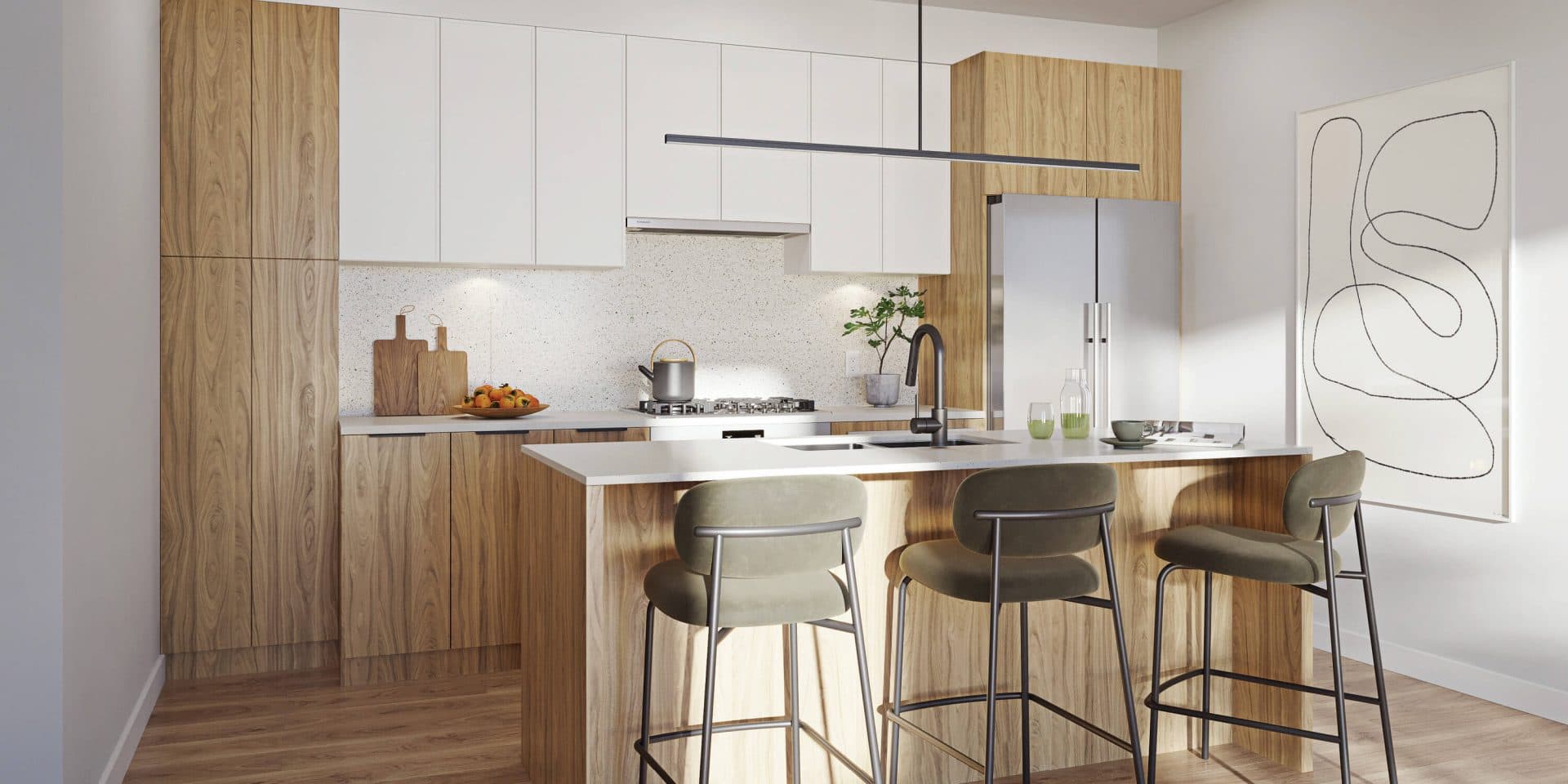 Dwell – Kitchen rendering with two-tone wood and white cabinetry, a large island with green bar stools, terrazzo-look backsplash, and a black linear pendant light.