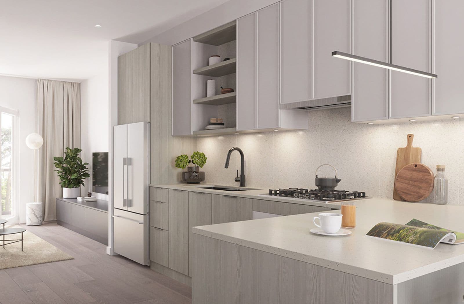 Dwell – Wide-angle kitchen rendering with light gray cabinetry, stainless fridge, and open sightline to a living room and curtained balcony doors.