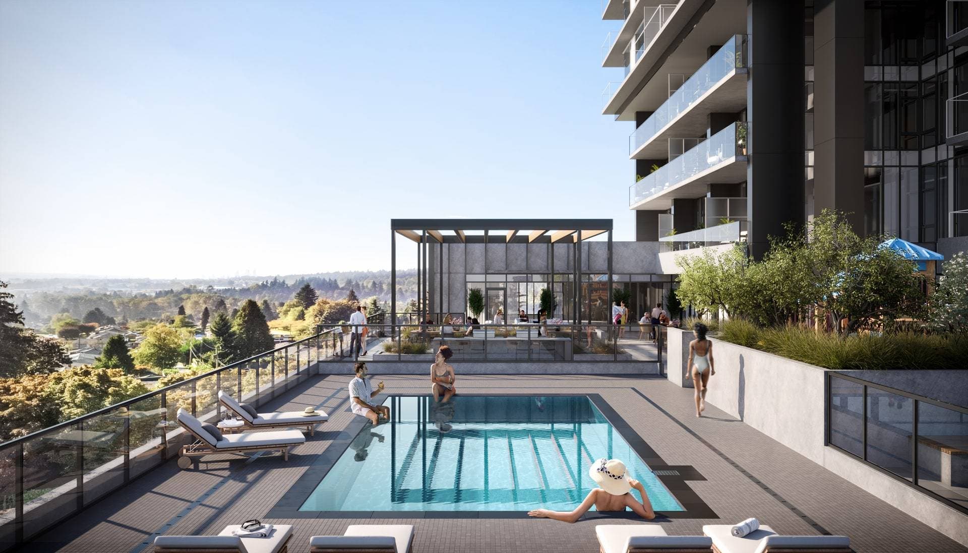 Vue – A sunlit outdoor rooftop amenity deck featuring a swimming pool surrounded by lounge chairs, glass railings, and residents relaxing. The terrace connects to an outdoor lounge pavilion with a pergola, all set against a backdrop of a residential tower and panoramic views of lush green tree canopies.