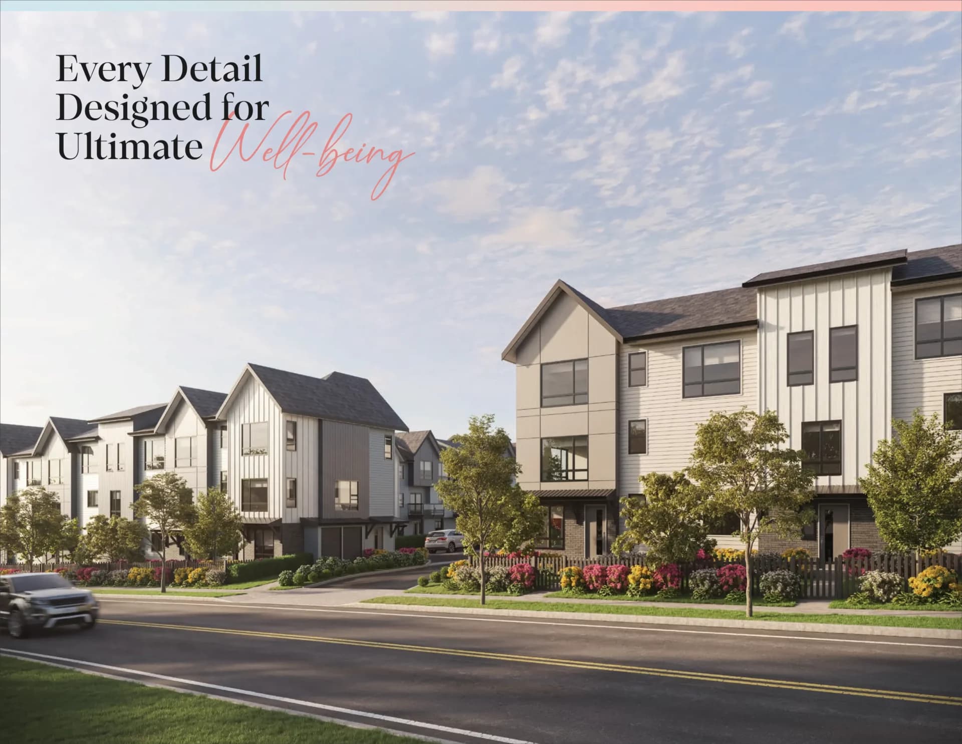 Gradience – A row of modern three-story townhomes with white vertical paneling, light gray siding, and gabled roofs lining a paved street with bright floral landscaping. The daytime rendering features a clear blue sky with light clouds, lush green trees, and prominent promotional text overlaid in the upper left corner.