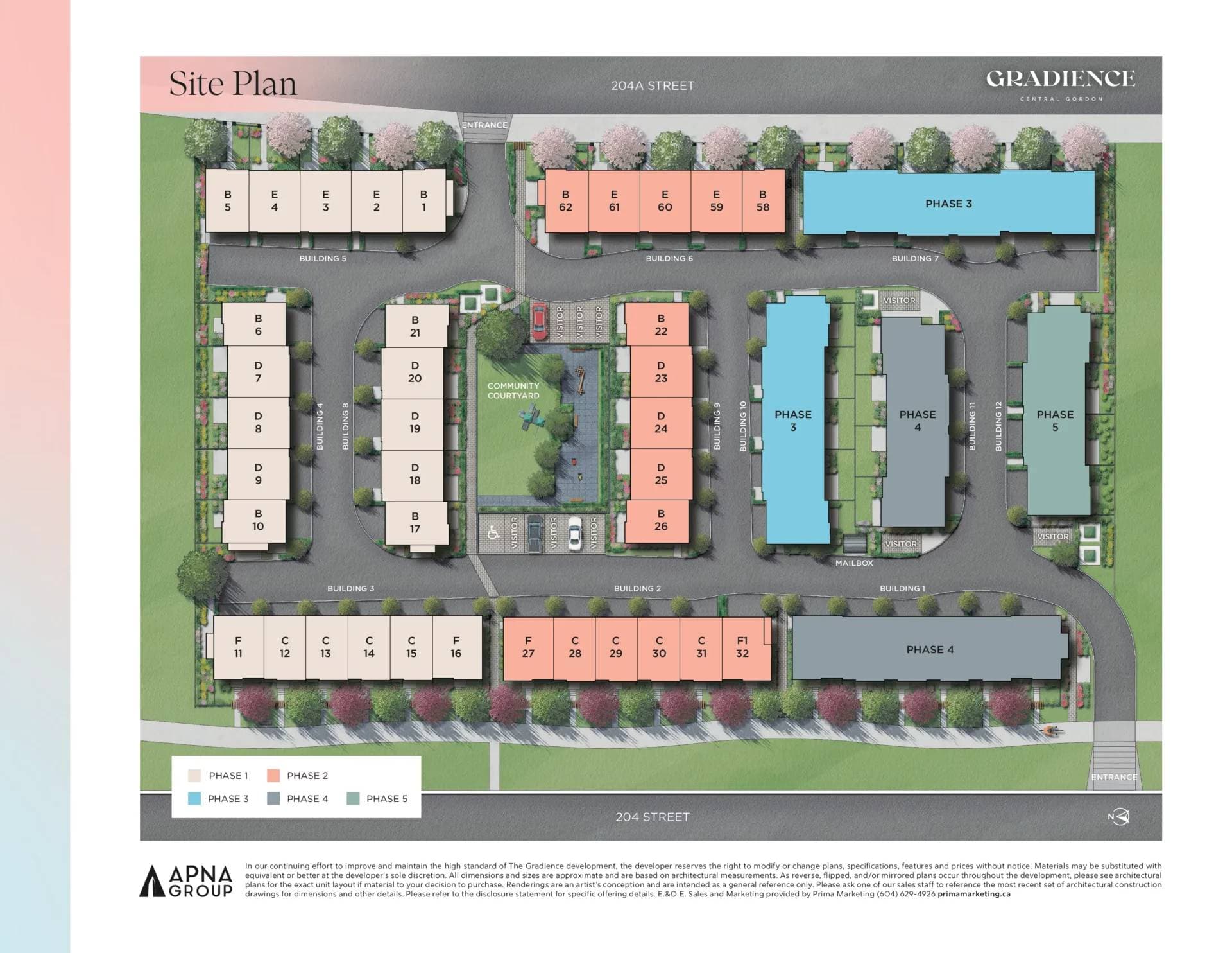 Gradience – An architectural top-down site plan graphic detailing a multi-phase residential development layout with numbered building blocks, unit labels, roadways, visitor parking, and a central community courtyard green space. A color-coded legend at the bottom left indicates Phases 1 through 5.