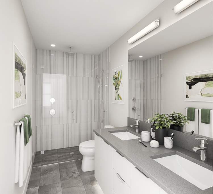 Highpointe – Rendering of a bathroom with a grey double vanity, large mirror, toilet, and a glass-enclosed rain shower with grey striped tile.