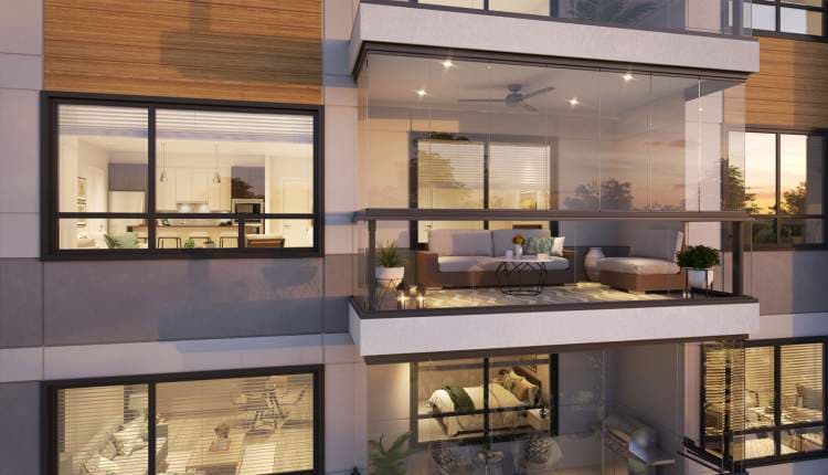 Highpointe – Close-up dusk rendering of a condo building facade with wood accents, showing a glass-enclosed balcony lounge and lit interior kitchen and bedroom behind the windows.